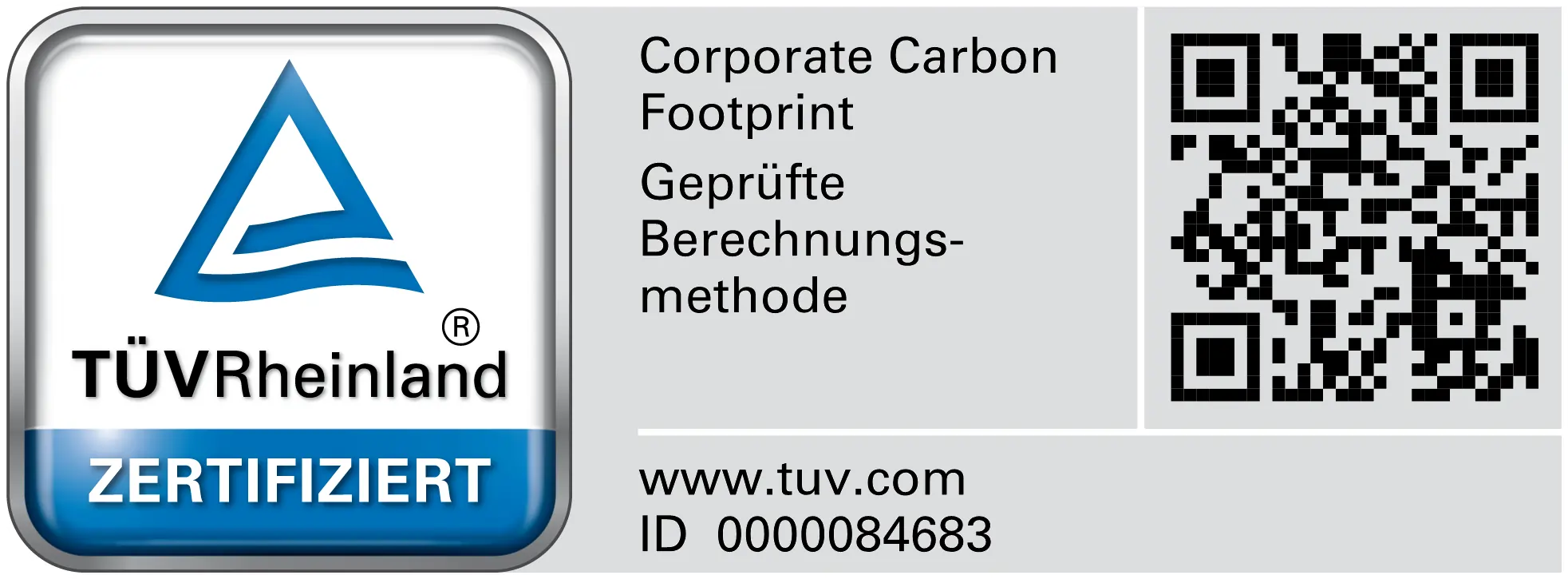 TÜV Rheinland zertifiziert Corporate Carbon Footprint mit geprüfter Berechnungsmethode und einem QR-Code.