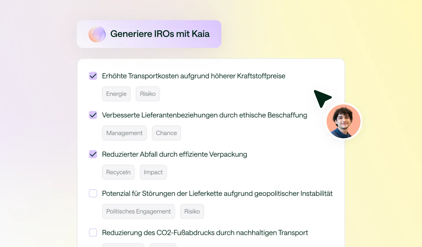 Benutzeroberfläche zur IRO-Generierung mit Kaia mit markierten Punkten zu Transportkosten, Lieferantenbeziehungen und Abfallreduzierung, teilweise mit Risikound Chancen-Labels.