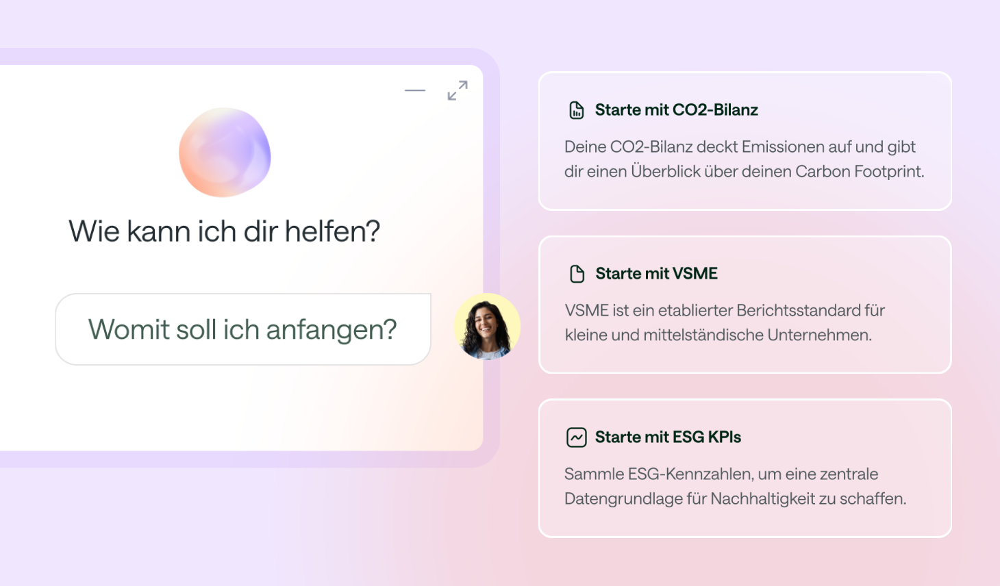 Startbildschirm des KI-Copiloten Kaia mit der Frage 'Wie kann ich dir helfen?'. Rechts werden drei Optionen für den Einstieg in die Nachhaltigkeitsberichterstattung vorgeschlagen: 'Starte mit CO2-Bilanz', 'Starte mit VSME' und 'Starte mit ESG KPIs'.