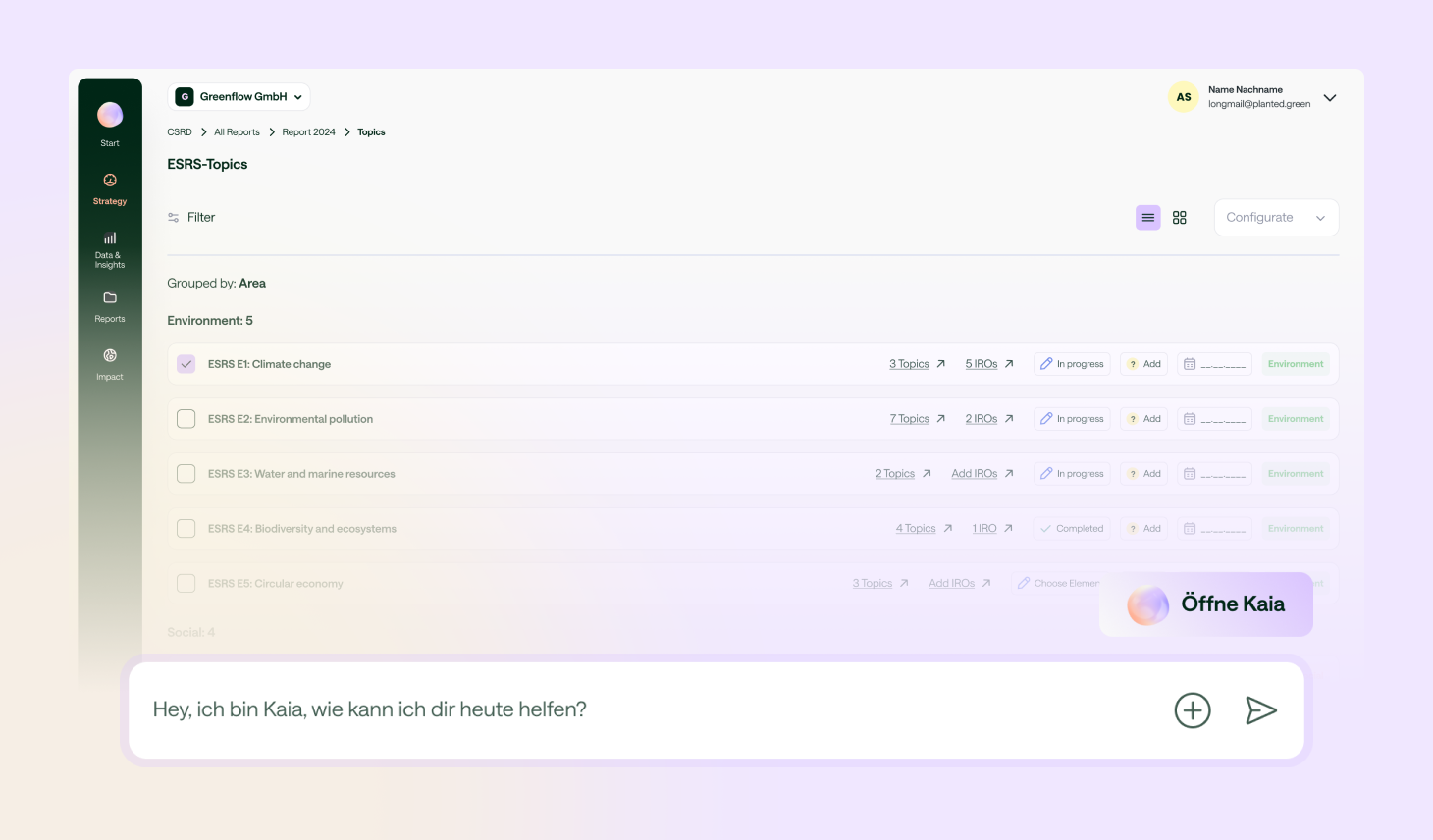 Screenshot der Planted Software, die den ESRS-Themenbereich für einen Nachhaltigkeitsbericht anzeigt. Im Vordergrund ist der KI-Assistent 'Kaia' geöffnet, der fragt: 'Hey, ich bin Kaia, wie kann ich dir heute helfen?
