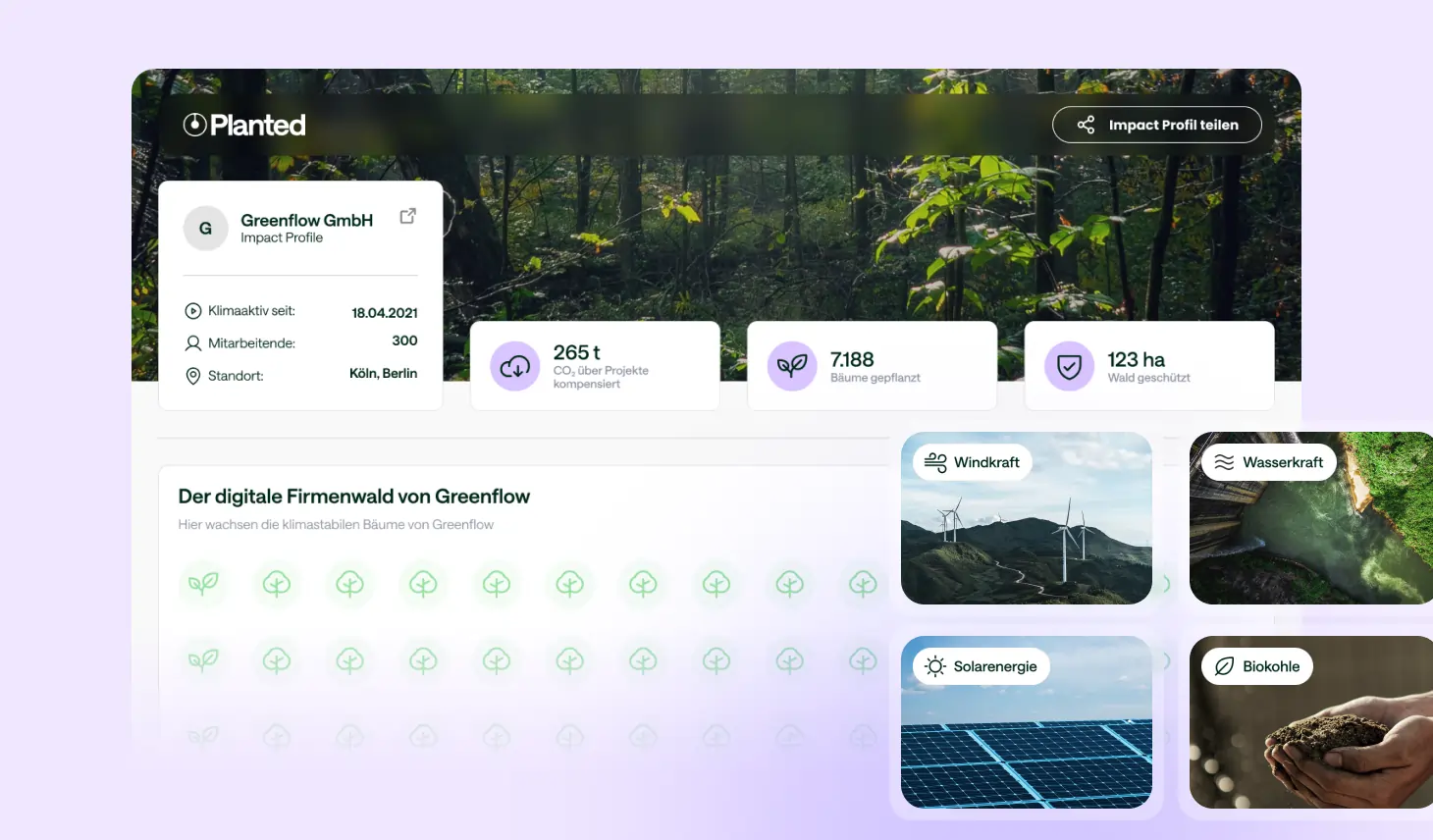 Digitales Impact Profil von Greenflow GmbH mit Informationen zu CO2-Kompensation, gepflanzten Bäumen, geschütztem Wald und erneuerbaren Energiequellen wie Windkraft, Wasserkraft, Solarenergie und Biokohle.