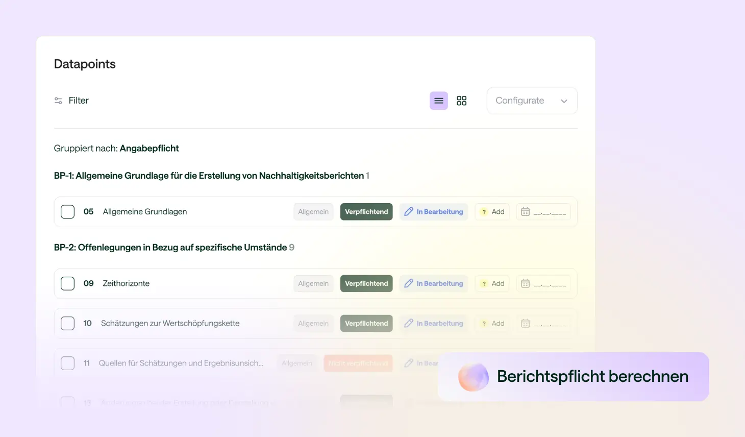 Screenshot einer Software-Benutzeroberfläche zur Verwaltung von Datenpunkten mit Kategorien für Nachhaltigkeitsberichte, darunter Pflichtangaben wie Allgemeine Grundlagen und spezifische Offenlegungen, mit Optionsfeldern und Statusanzeigen.