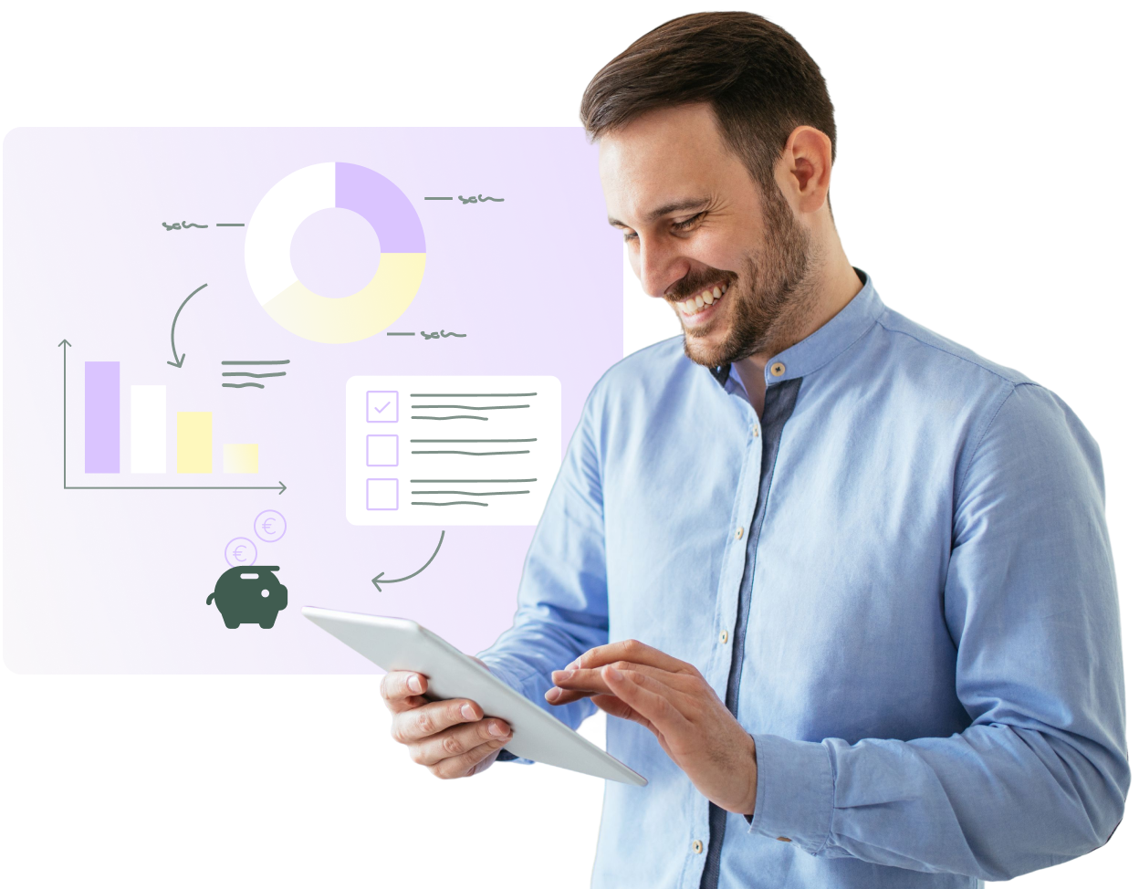 Lächelnder Mann in blauem Hemd verwendet Tablet neben Grafik mit Diagrammen und Sparschwein-Symbol.
