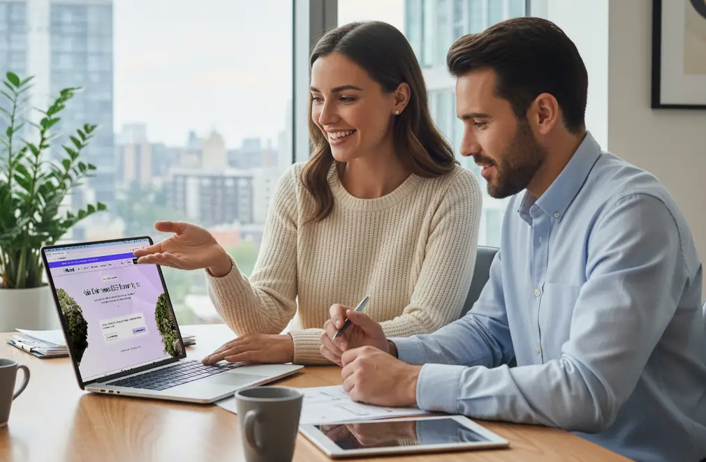 Eine lächelnde Frau zeigt einem Mann auf einem Laptopbildschirm etwas, während sie an einem Tisch in einem modernen Büro sitzen.