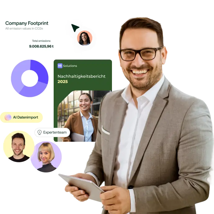 Lächelnder Mann mit Brille und grauem Anzug hält ein Tablet, umgeben von Grafiken zu Firmen-CO2-Emissionen, einem Nachhaltigkeitsbericht 2025, KI-Datenimport und Experten-Team.