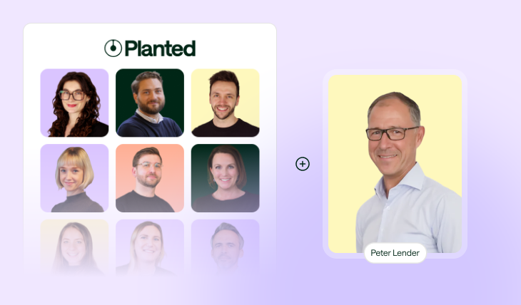 Teamfotos von mehreren Planted Personen und ein separates Bild von Peter Lender in einem weißen Hemd vor gelbem Hintergrund, daneben das Planted-Logo.