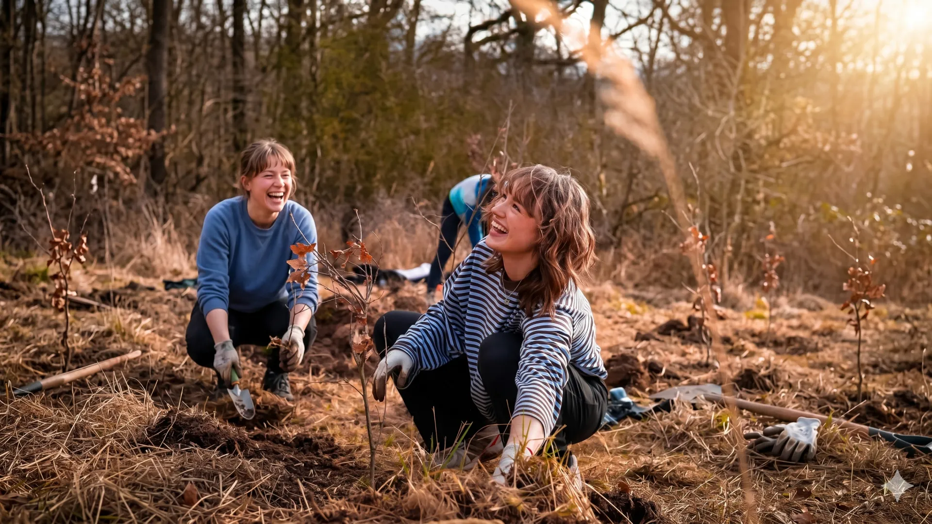Zwei Frauen pflanzen lachend junge Bäume im Wald