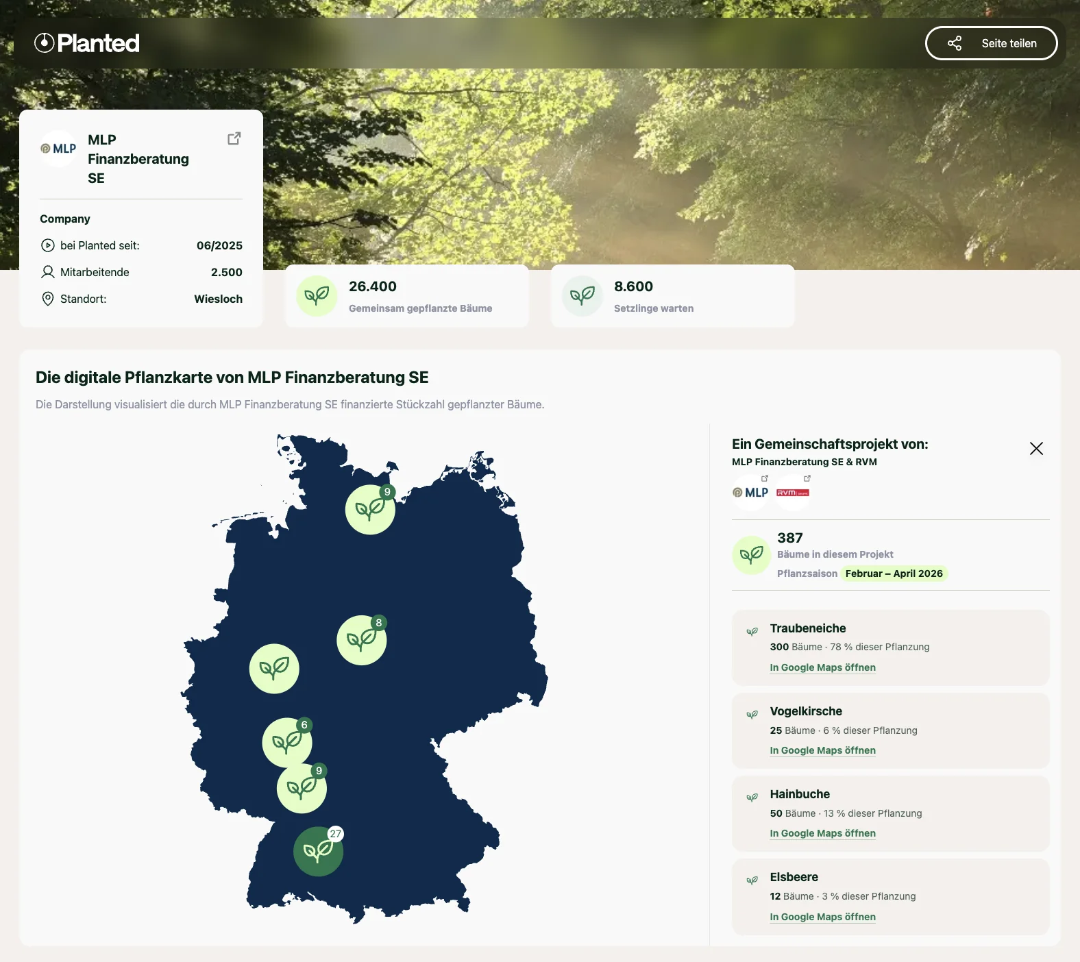 Digitale Pflanzkarte von Planted: Impact-Profil der MLP Finanzberatung SE mit gepflanzten Bäumen, Pflanzorten auf der Deutschlandkarte und Baumarten einer Pflanzung