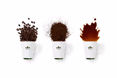 Three white coffee cups with a green logo: one with coffee beans spilling out, one with ground coffee puffing up, and one with coffee splashing out.