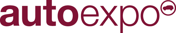 Autoexpo logo in dark red with a small car silhouette inside a circle.