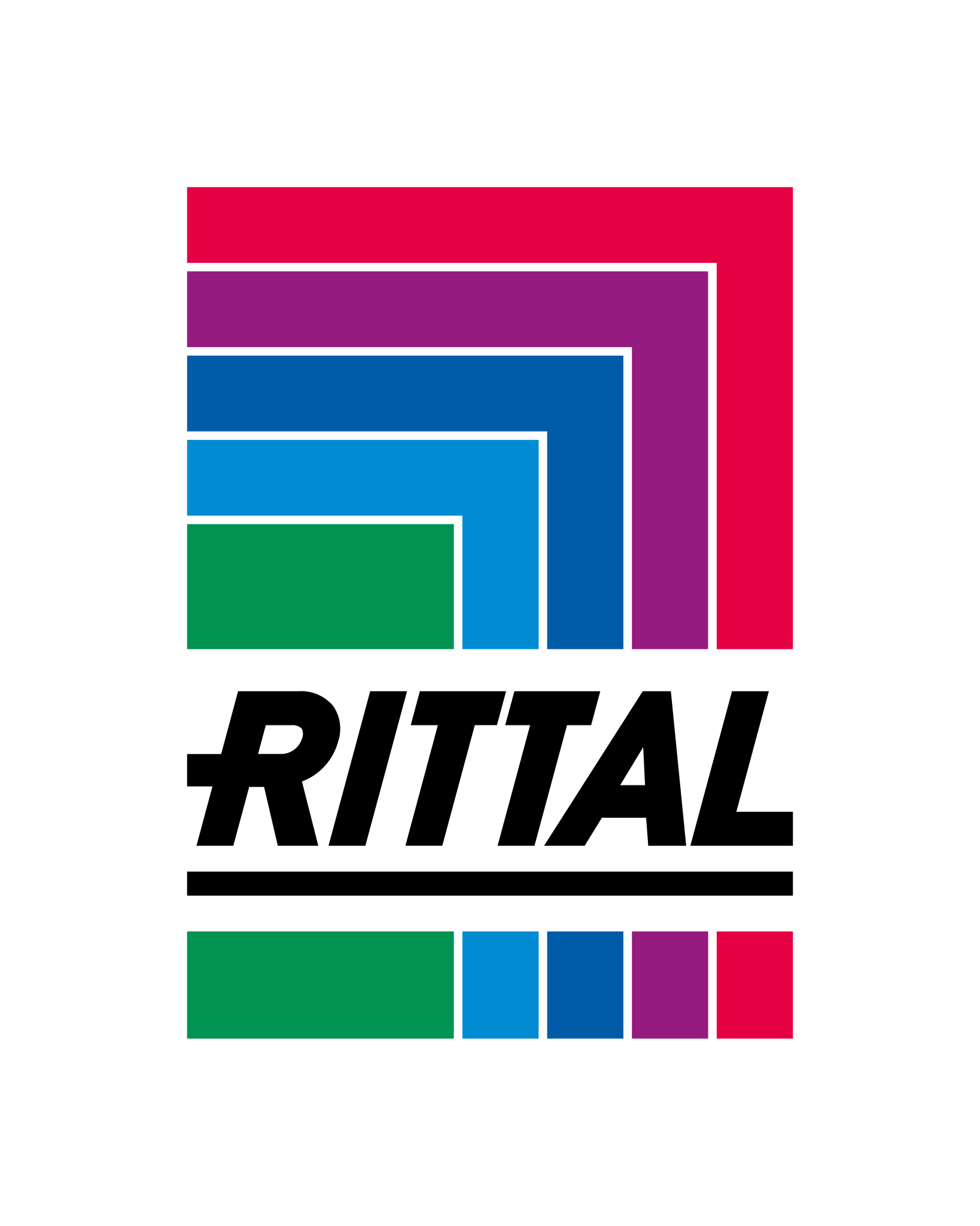 RITTAL logo with bold black letters under stacked colorful rectangular shapes in red, purple, blue, light blue, and green.