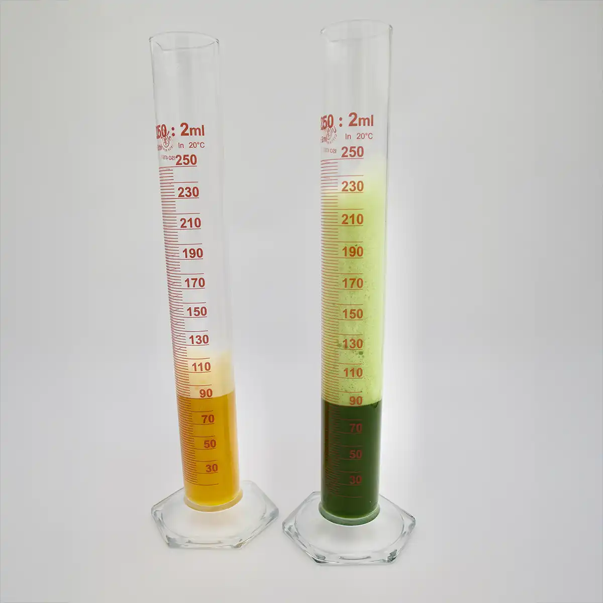 StudioFava - Two laboratory cylinders filled with yellow and green liquid, used for application research in food innovation