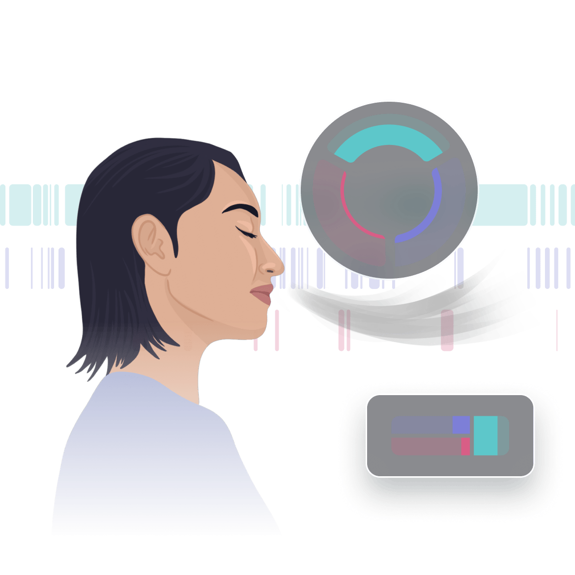 Illustration of a woman breathing and BreathFlow Breathing Stability charts