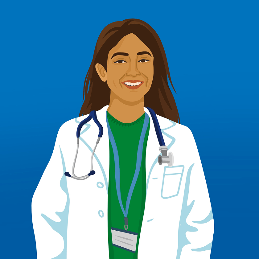 Illustration of a smiling woman doctor wearing a medical coat