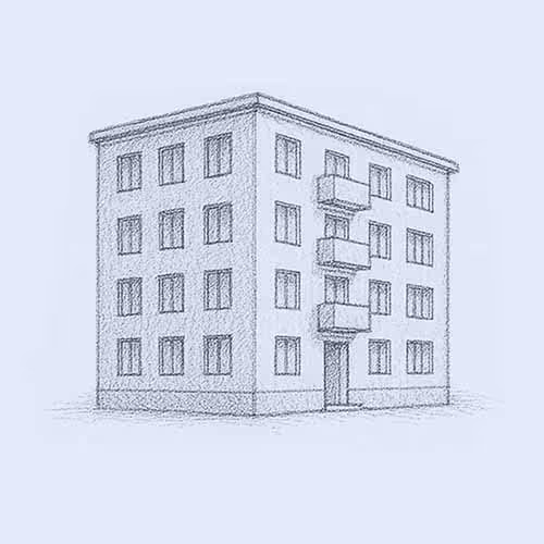 En skissad ritning på ett bostadshus tillverkat med prefabricerade betongelement.