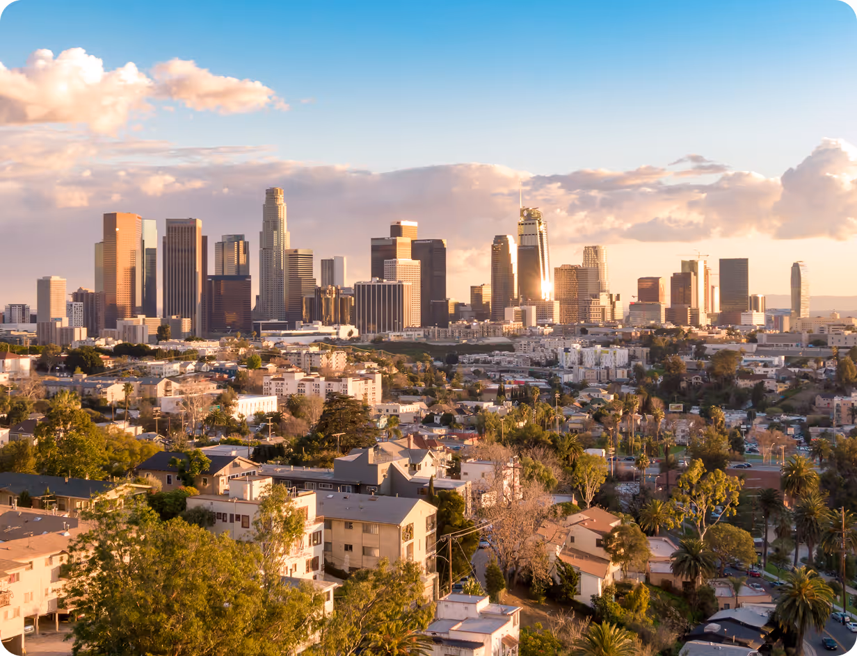 A view of a city with tall buildings.