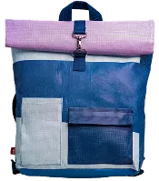Sac à dos upcylé à partir de bâches en fin de vie, couleur bleu, blanc et violet