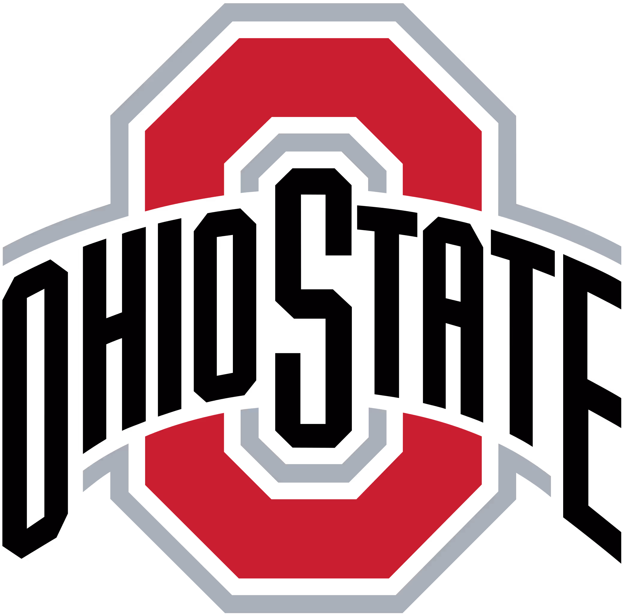 Ohio State Buckeyes logo featuring a large red block 'O' outlined in gray with 'Ohio State' text across the center in black.