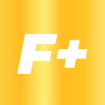 White letter F with a plus sign on a yellow gradient background.