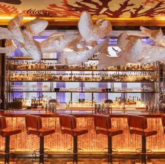 Upscale bar interior with amber lighting, five red leather bar stools, and a variety of bottles displayed on illuminated shelves.