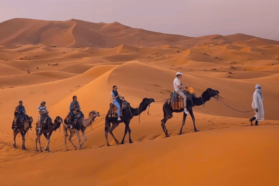 A group of people riding camels led by a guide walking through orange sand dunes at sunset.