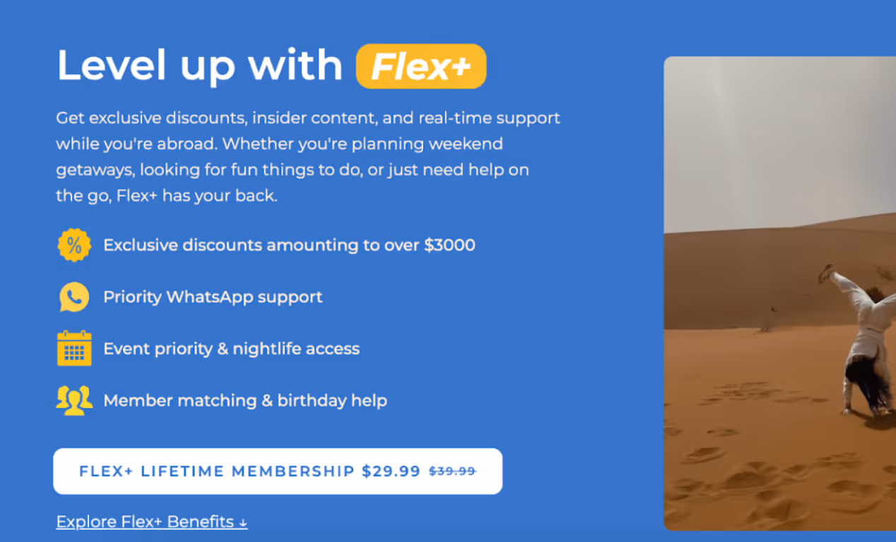 Promotional graphic for Flex+ membership offering exclusive discounts, priority WhatsApp support, event access, and member help, with a sand dune background showing a person doing a handstand.