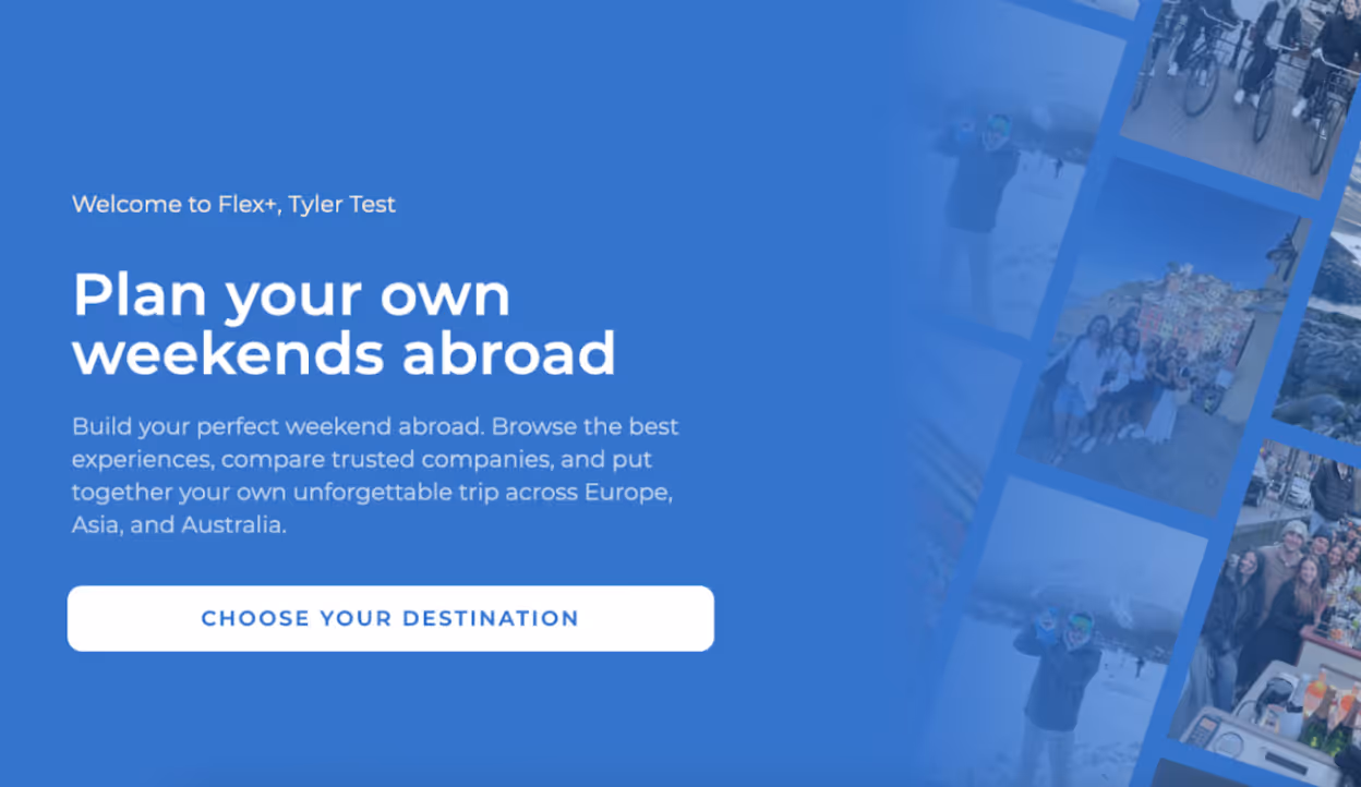 Blue interface with text inviting to plan weekends abroad, choose destination button, and faded travel photos on the right.