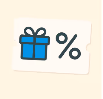 Icon of a blue gift box next to a percentage symbol on a light background.