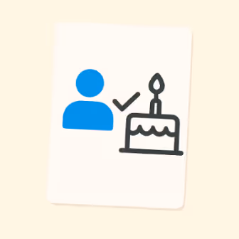 Icon of a blue person silhouette with a checkmark next to a birthday cake with one candle.