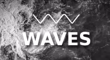 Black and white image of ocean waves with stylized 'WAVES' text and wave-shaped line above it.