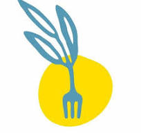 Abstract blue fork with three tall leaves against a yellow circular background.