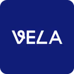 White stylized text logo reading 'VELA' on a dark blue background.