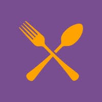 Orange fork and spoon crossed on a purple background.