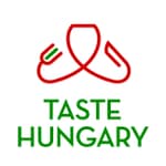 Logo with red stylized paprika and green text saying Taste Hungary.