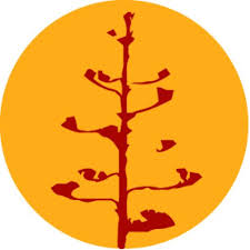 Graphic of a red tree silhouette centered inside an orange circle background.