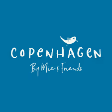 Logo of Copenhagen By Mie & Friends with a small bird above the text on a blue background.