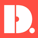 White stylized letter D with a circular cutout and a white dot on a red background.