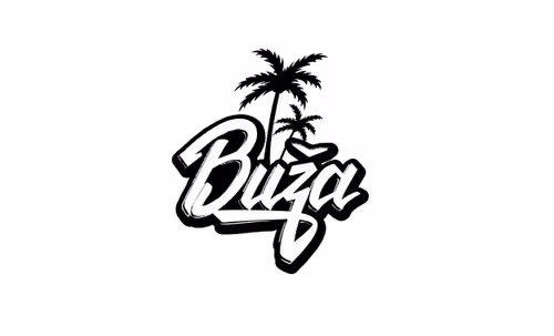 Black and white logo with the word 'Buza' stylized beneath two palm trees.