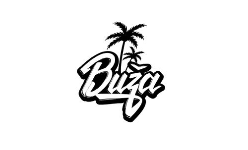 Black and white logo with the word 'Buza' stylized beneath two palm trees.