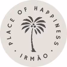 Circular logo with a stylized palm tree in the center and text around it reading 'Place of Happiness Irmão'.