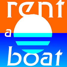 Logo with the words 'rent a boat' over a stylized sunset and water background in orange and blue.