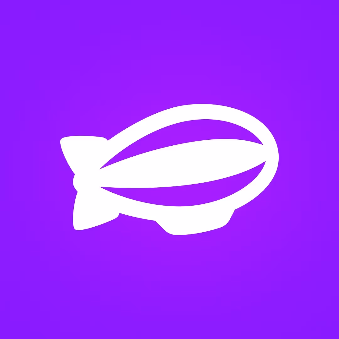 White silhouette of a blimp or airship on a purple gradient background.