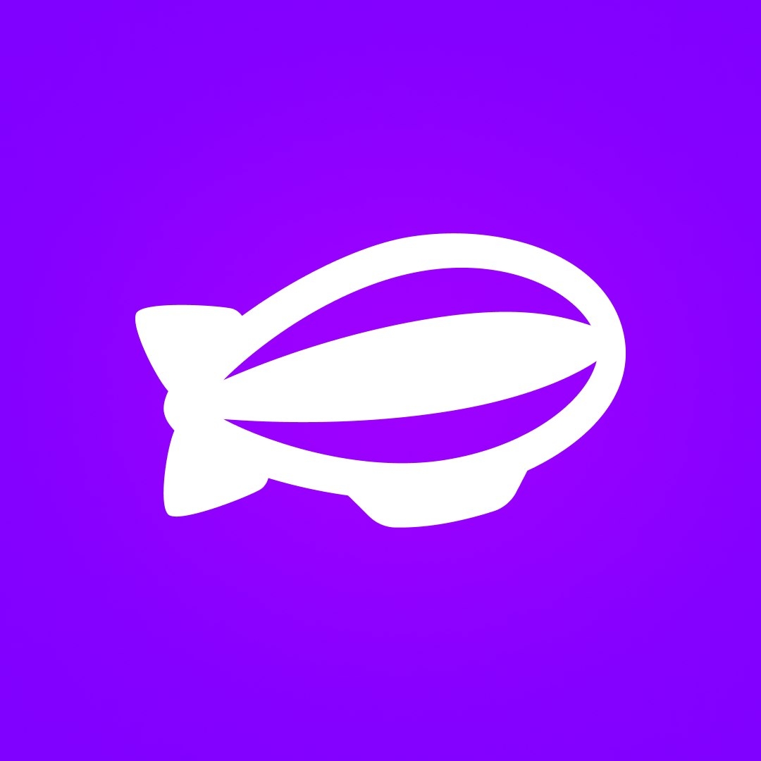 White silhouette of a blimp or airship on a purple gradient background.