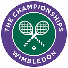 Wimbledon Championships logo with crossed tennis rackets and a tennis ball inside a green circle, surrounded by a purple ring with white text.