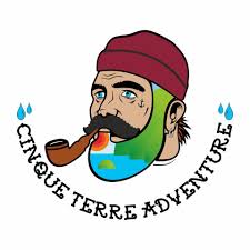 Logo of a man with blue eyes, wearing a red beanie, smoking a pipe with a rainbow-colored beard, surrounded by blue water droplets and the text 'CINQUE TERRE ADVENTURE'.