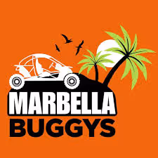 Logo with a white dune buggy, palm trees, birds, and text 'MARBELLA BUGGYS' on an orange background.