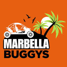 Logo with a white dune buggy, palm trees, birds, and text 'MARBELLA BUGGYS' on an orange background.