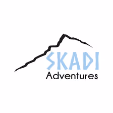 Logo with a black mountain outline above the text 'SKADI Adventures' in blue and black.