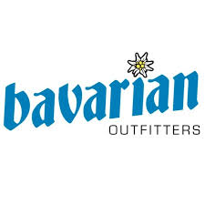 Bavarian Outfitters logo with blue Gothic-style text and a white edelweiss flower above the letter 'i'.