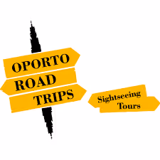 Yellow directional signposts reading 'OPORTO ROAD TRIPS' and 'Sightseeing Tours' on a white background.
